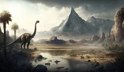 Foto op Plexiglas Dinosaurs extinction after an asteroid hit Earth. Generative AI. © andrenascimento