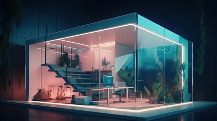 isolated accessory dwelling unit, glass office bungalow, work villa, magazine interior design ad, stairs, large windows, podium platform, indoor pool. Generative AI.