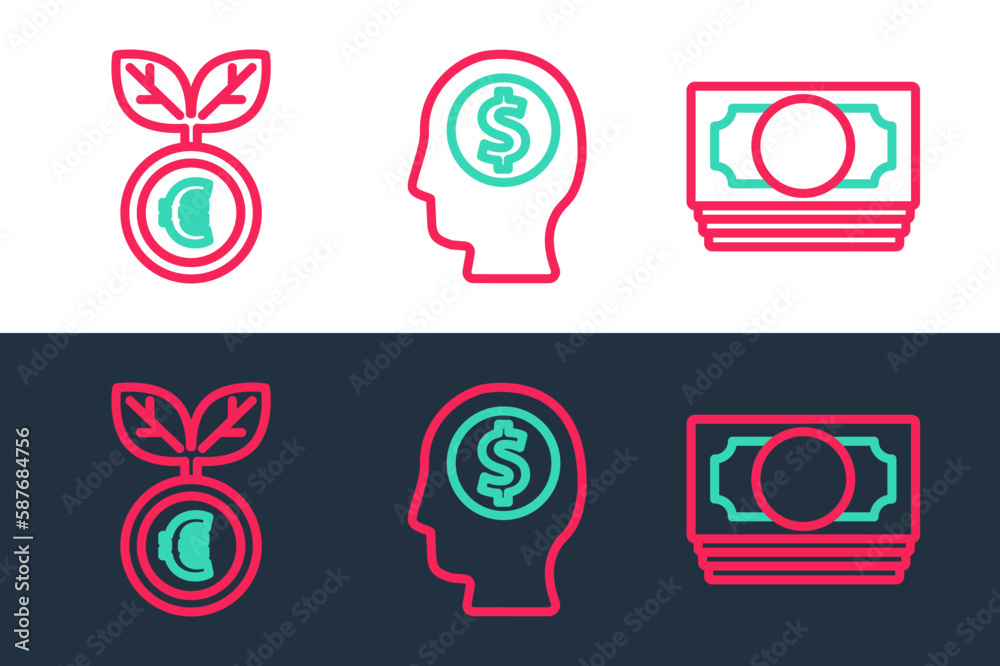 Canvas Prints Set line Stacks paper money cash, Euro plant and Business man planning mind icon. Vector