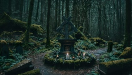 Fototapeta na wymiar Photograph of a forest with a mysterious altar or ritual site 35mm f8 cinematic unsplash Generative AI