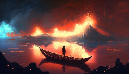 fantasy world scenery showing a boy rowing a boat in the land of volcanic, digital art style, illustration painting, Generative AI
