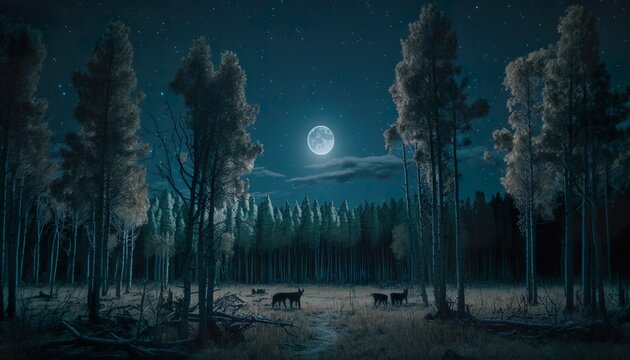 Photograph of a forest with a full moon and howling wolves 50mm f5.6 cinematic unsplash  Generative AI