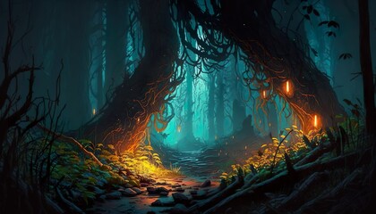 A mysterious forest with hidden secrets glowing eyes and an ominous atmosphere  Generative AI