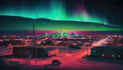 A neon city with a glowing aurora australis in the background  Generative AI