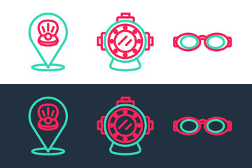 Set line Glasses for swimming, Scallop sea shell and Aqualung icon. Vector