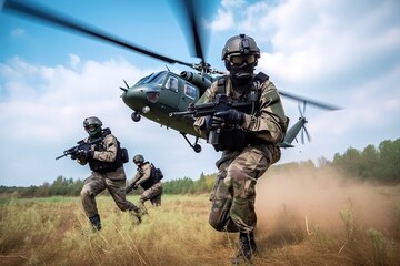 Fototapeta premium Special forces Anti-terrorist in action with helicopter in background. Generative AI.