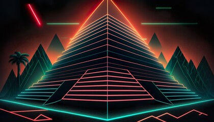 A neon pyramid with glowing lines and shapes  Generative AI