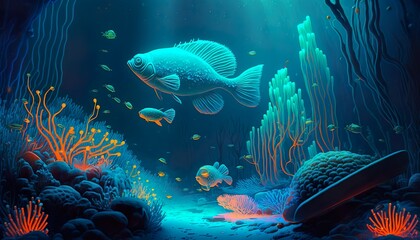 A neon underwater scene with glowing fish and coral  Generative AI