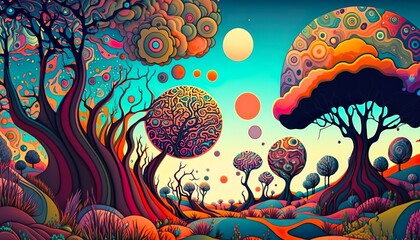 Create a hallucinatory landscape that features a cacophony of clashing colors and shapes with wild patterns that seem to twist and writhe like living organisms. Use abstract forms to evo Generative AI