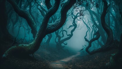 Photograph of a dark forest with twisted trees and fog 35mm f5.6 cinematic unsplash  Generative AI