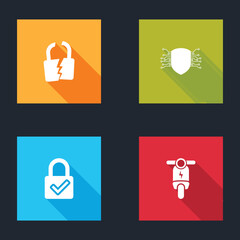 Set Broken or cracked lock, Cyber security, Lock and check mark and Electric scooter icon. Vector