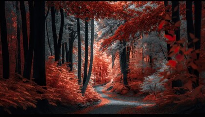 Photograph of a forest in autumn with red and orange leaves 50mm f8 cinematic unsplash  Generative AI