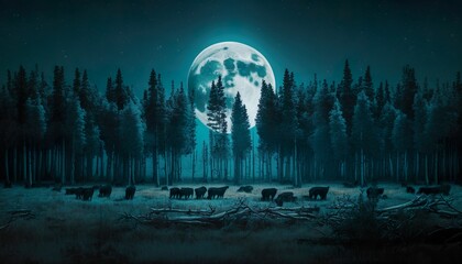 Photograph of a forest with a full moon and howling wolves 50mm f5.6 cinematic unsplash  Generative AI