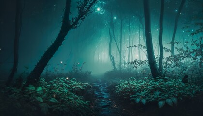 Photograph of a forest with a dense fog and eerie glow 35mm f5.6 cinematic unsplash  Generative AI