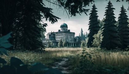 Photograph of a forest with an abandoned asylum in the distance 50mm f4 cinematic unsplash  Generative AI