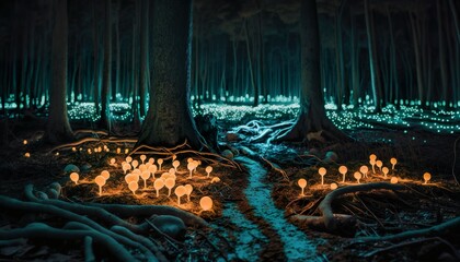 Photograph of a forest with eerie glowing mushrooms on the ground 35mm f2.8 cinematic unsplash  Generative AI