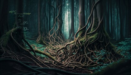 Photograph of a forest with twisted vines and roots 50mm f2.8 cinematic unsplash  Generative AI