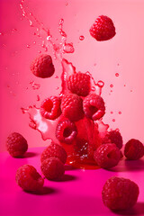 Ripe juicy raspberry with splashes of drops of water or juice on a pink background, Generative AI 4