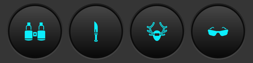Set Binoculars, Hunter knife, Deer antlers on shield and Glasses icon. Vector