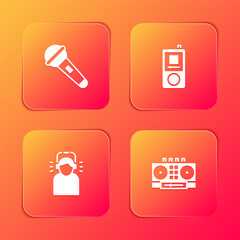 Set Microphone, Music player, Man in headphones and DJ remote and mixing music icon. Vector