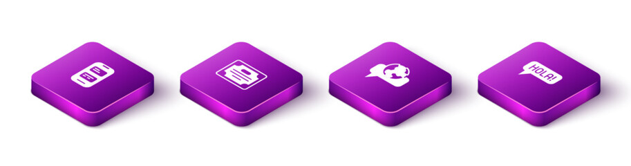 Set Isometric Online translator, Certificate template, Learning foreign languages and Hola different icon. Vector © vector_v