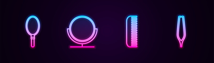 Set line Hand mirror, Round makeup, Hairbrush and Eyebrow tweezers. Glowing neon icon. Vector