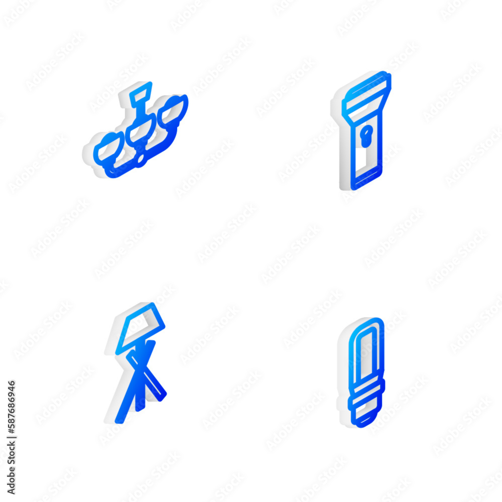 Sticker Set Isometric line Flashlight, Chandelier, Floor lamp and LED bulb icon. Vector