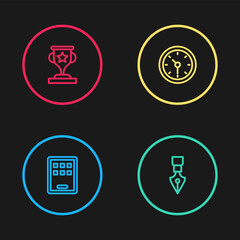 Set line Graphic tablet, Fountain pen nib, Clock and Award cup icon. Vector