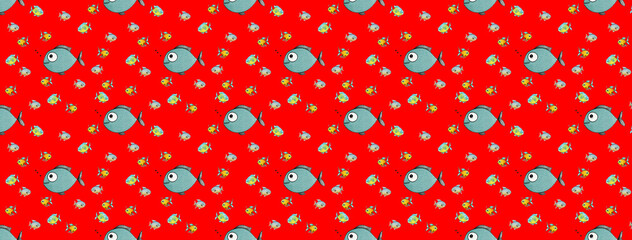 pattern. Set with fish. Sea and river fish. Horizontal image. Banner for insertion into site.