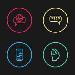 Set line New chat messages notification, Head with gear inside, Speech bubbles Question and Learning foreign languages icon. Vector