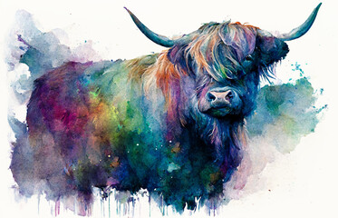 Watercolor painting of highland cow with white background.