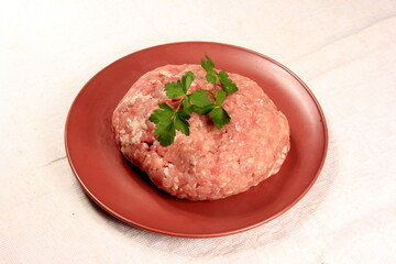 Ground pork on a plate decorated with green parsley leaves