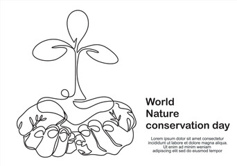 World nature conservation day. Single continuous line of hands holding tree leaf. Plant leaves grow planet Earth seedling eco natural concept design sketch drawing vector illustration art