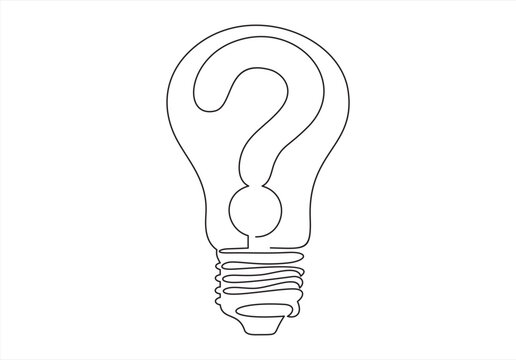 Vector idea lamp. One line style illustration. Electric light bulb with question mark. Concept of idea emergence. Isolated on white background minimalism design.