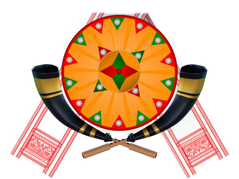 Pepa folded Gamosa and Japi, Happy Bihu, Assamese New Year, Indian Traditional Festival, Harvest Festival Of Assam