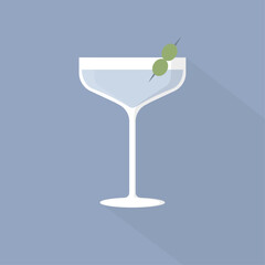 Dry martini cocktail with olives on a blue background, simplified vector illustration in flat and vintage style