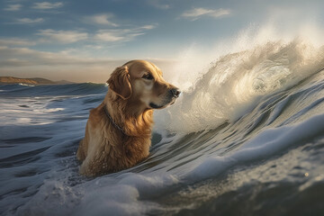 Golden Retriever fun on big ocean wave at sunset. Generative AI.