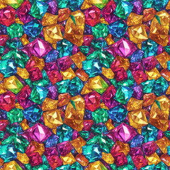 Fototapeta na wymiar Seamless pattern with bunch of multicolored crystals, rubies, emeralds, amber. Generative AI
