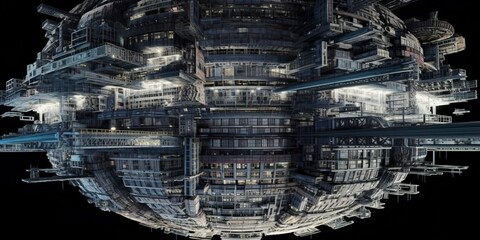 Sci-fi spacestation wallpaper illustration. AI generative Art.
