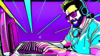 Bearded man typing keyboard with headphones. Man with light blue jacket, purple background. Generative AI.