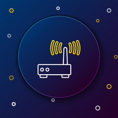 Line Router and wi-fi signal icon isolated on blue background. Wireless ethernet modem router. Computer technology internet. Colorful outline concept. Vector