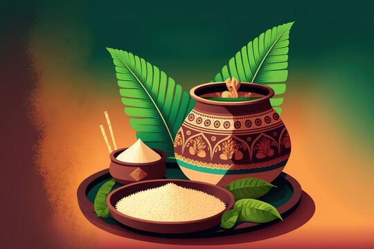 Happy Pongal celebration with sugarcane, Rangoli and pot of rice. Tamil family offering prayers. Indian cultural festival celebration concept illustration vector design. Generative Ai.