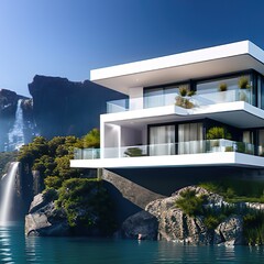 Modernes Haus an einem Fluss mit Wasserfall und Felsenwand