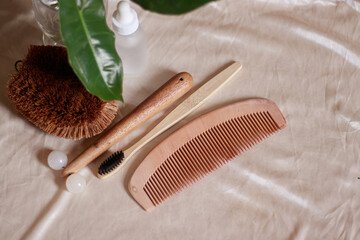 Wooden bristle brush, toothbrush, comb and roller for sustainable zero waste hygiene and beauty product