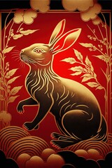 illustration of chinese happy new year with rabbit, red and gold. Generative Ai.