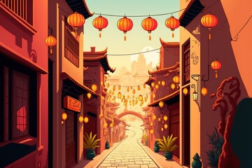 chinese street with old houses, chinese arch, lanterns and a garland. Vector illustration of city street in cartoon style. Generative Ai.