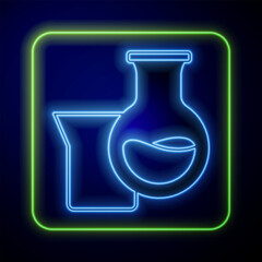 Glowing neon Oil petrol test tube icon isolated on blue background. Vector