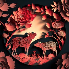 paper cut style, Chinese New Year, stock illustration Chinese New Year, Chinese Culture, Backgrounds. Generative Ai.