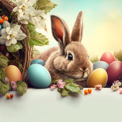 Easter bunny with easter eggs. Holiday greeting card created with Generative AI techology