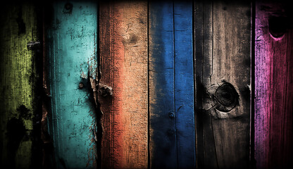 Old, grungy, colorful wood background, Generative ai